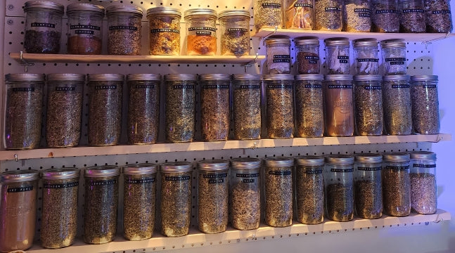 A wall of neatly labelled herb jars, all in a row